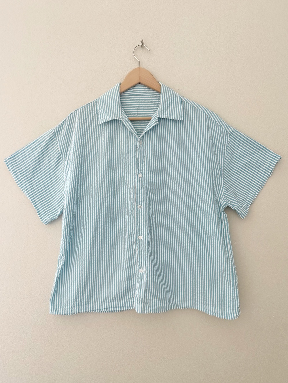 Daily Drills Seersucker Stripe Oversized Boxy Shirt Small Blue White 100% Cotton - Picture 4 of 9